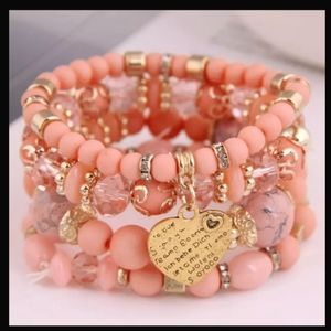 Heart Charms Bracelet Set for Women, Multilayer Bracelet with Resin Beads and La